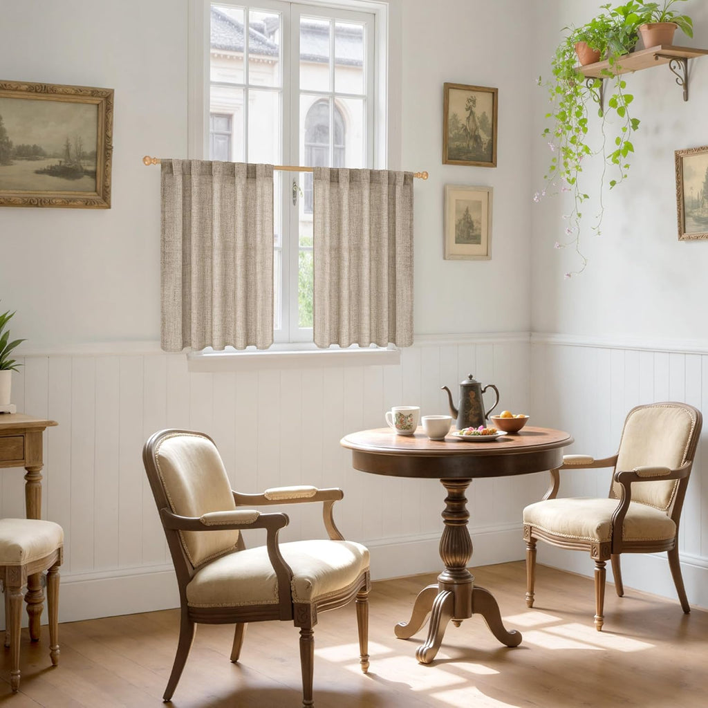 YoungsTex 36 Inch Length Linen Semi Sheer Curtains for Kitchen Cafe Window, Short Light Filtering Drapes with Rod Pocket Back Tab Burlap Textured for Bathroom, Dark Oatmeal, 2 Panels, 42 X 36 Inch