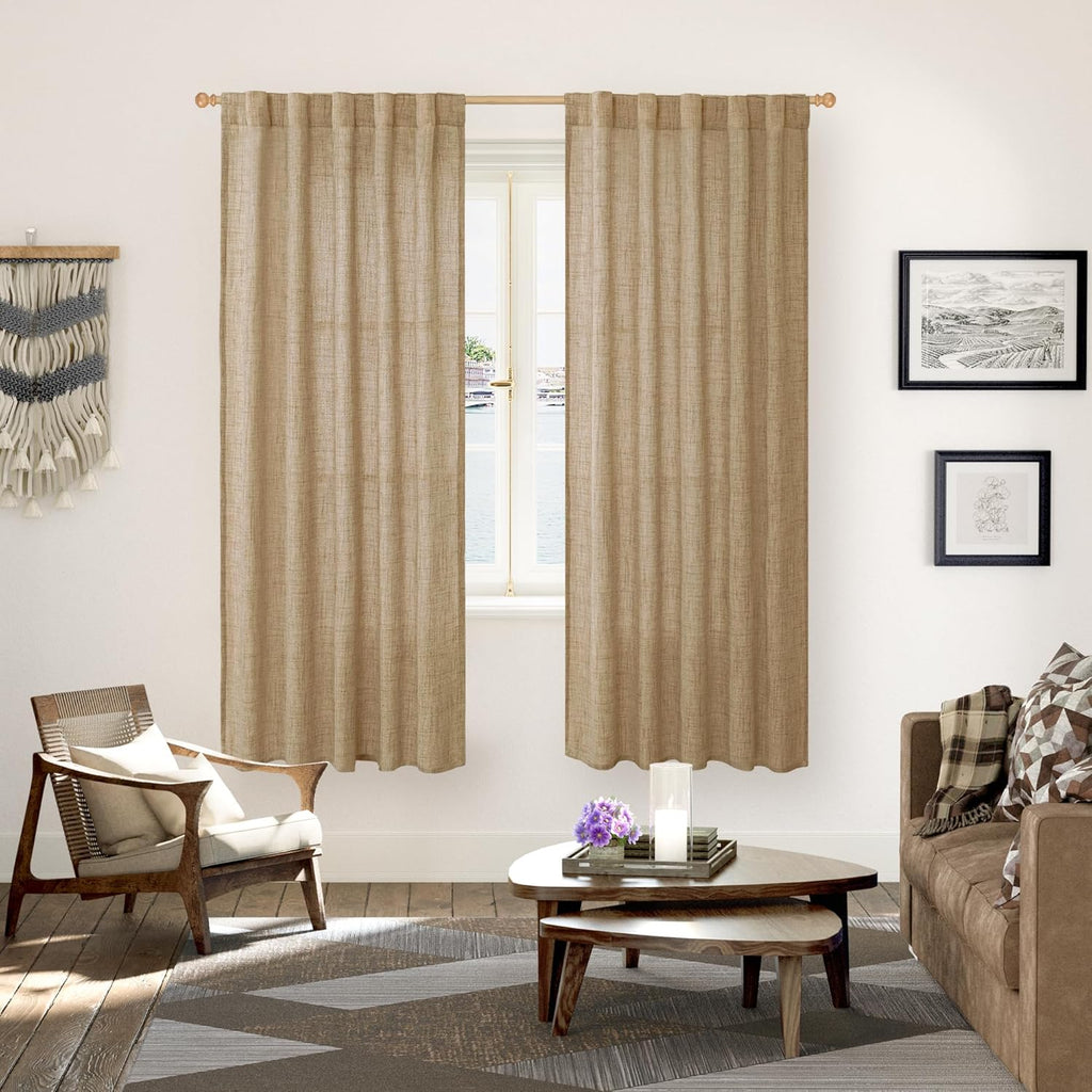 YoungsTex Toffee Linen Curtains 72 Inch Length for Living Room, Burlap Semi Sheer Drapes Light Filtering Tan Window Treatments for Farmhouse Bedroom Rod Pocket Back Tab, 42 X 72 Inch, 2 Panels