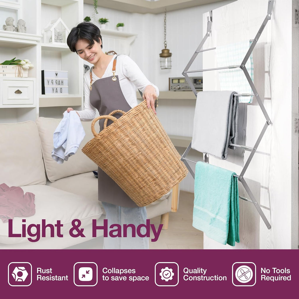 BLACK+DECKER Over The Door Expandable Telescopic Drying Rack, Clothes Organizer, Towel Hanger, Laundry, Collapsible, Gray