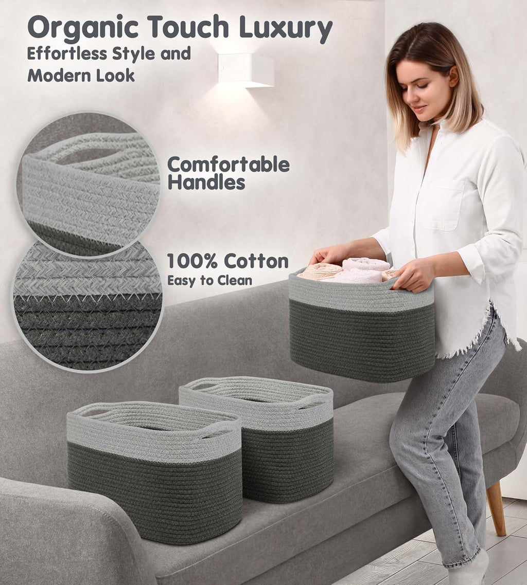 CHAT BLANC Cotton Rope Baskets for Organizing I Storage Baskets for Shelves | Rope Basket for Storage, Small Laundry Baskets, Woven Baskets for Storage, Dog Toy Bin, Baby Basket, Gray & Graphite 3Pack
