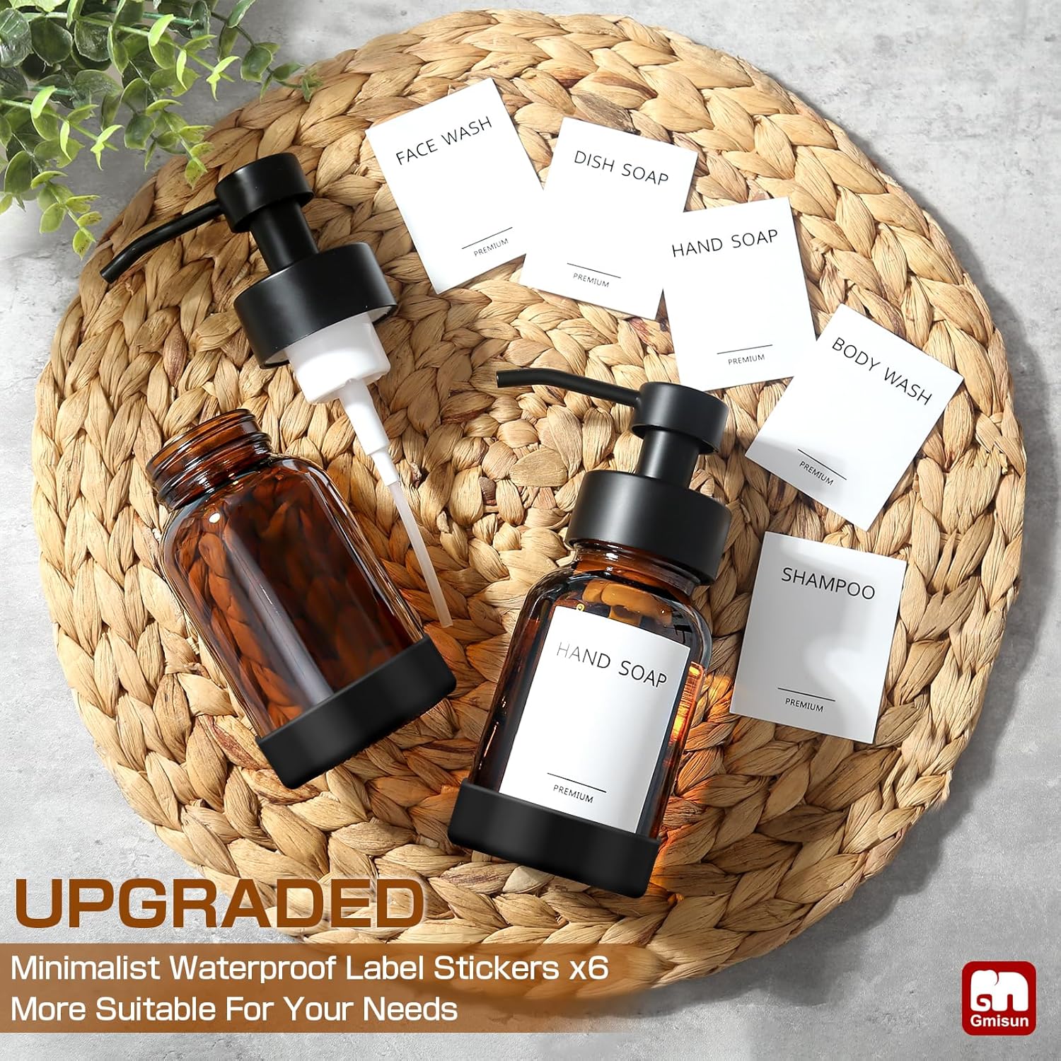 GMISUN Amber Foam Soap Dispenser, 8.5 Fl oz Amber Glass Foaming Hand Soap Dispenser for Bathroom & Kitchen, 2 Pcs Modern Refillable Foaming Soap Dispensers, Foam Pump Bottle with Label & Silicone Boot