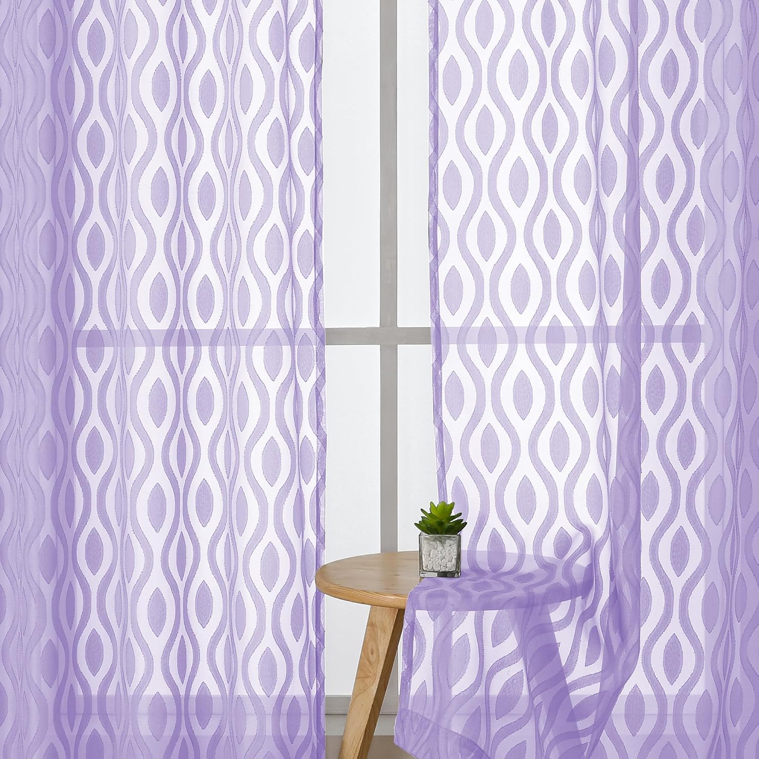 Aiyufeng Sheer Curtains 45 Inch Length 2 Panels, Farmhouse Soft Airy Lightweight Clip Jacquard Textured Curtains, Chic Wavy Line Window Curtains for Bedroom Living Room, Light Purple, 40Wx45L Inches