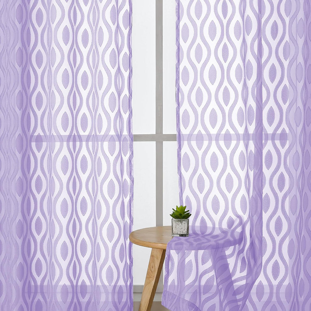 Aiyufeng Light Purple Valances for Windows, Chic Wavy Line Clip Jacquard Voile Sheer Small Window Curtain for Basement, Lightweight Rod Pocket Short Curtains for Windows, 2 PCS, 40Wx14L Inches