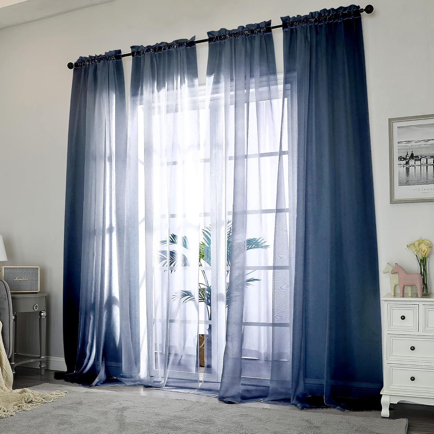 Chyhomenyc Sheer Curtains Extra Long 96 inch 2 PCS- Casual Style Airy & Breathable with Amount Light Sheer Panels for Patio/Glass Door (1 Pair Set=Total 84 inches Wide, Each W42 x L96, Navy Blue)