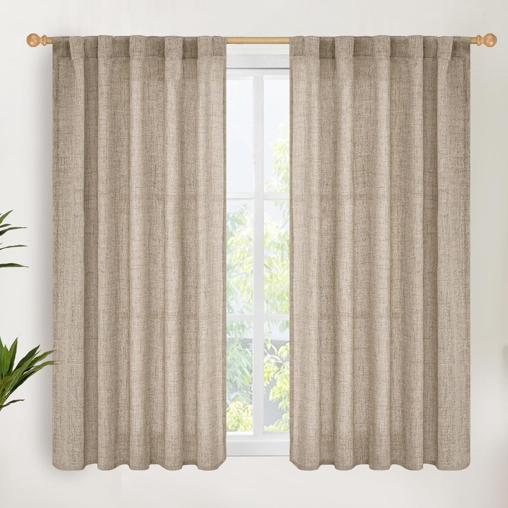 YoungsTex Dark Oatmeal Linen Curtains 45 Inch Length for Short Window, Tan Semi Sheer Drapes with Rod Pocket Back Tab Textured Light Filtering for Bathroom Bedroom, 2 Panels, 42 X 45 Inch