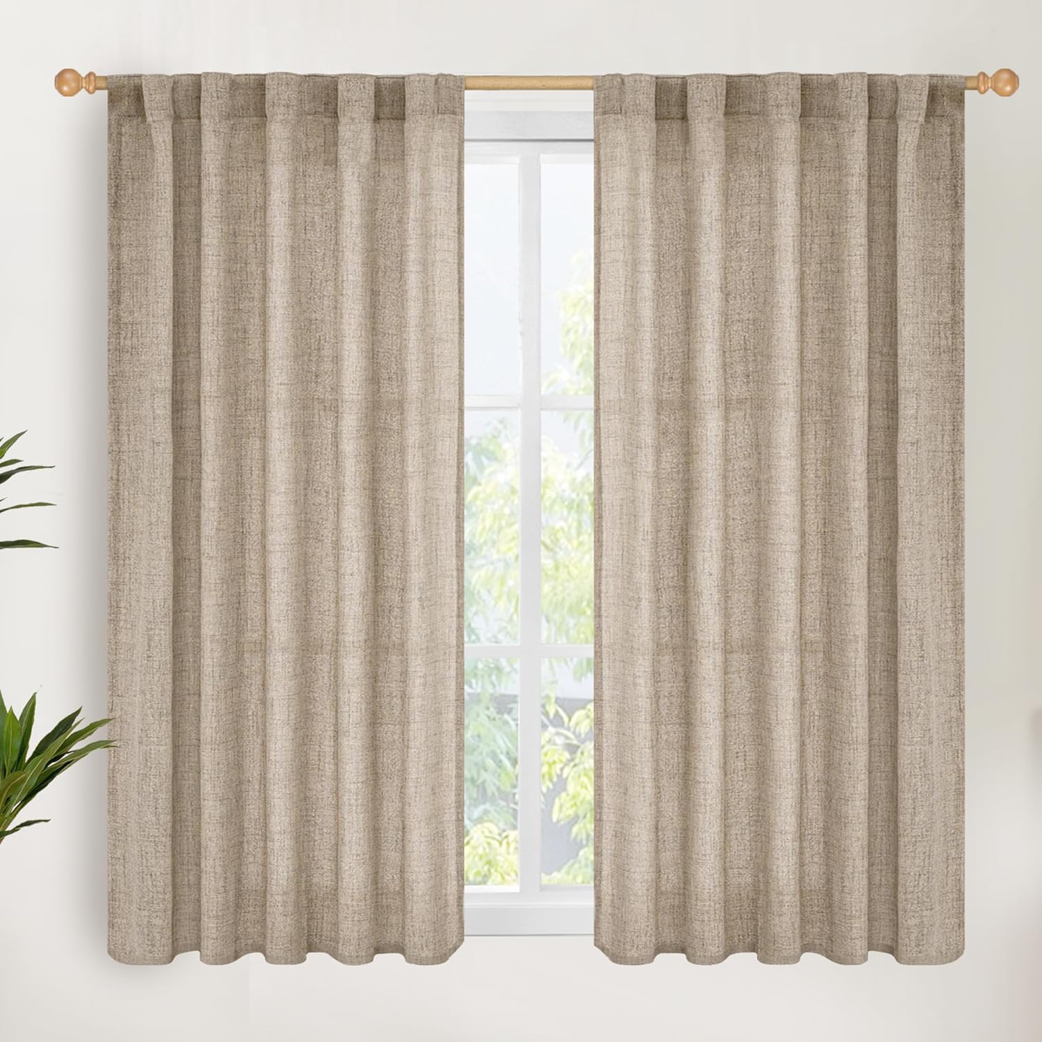 YoungsTex Dark Oatmeal Linen Curtains 45 Inch Length for Short Window, Tan Semi Sheer Drapes with Rod Pocket Back Tab Textured Light Filtering for Bathroom Bedroom, 2 Panels, 42 X 45 Inch