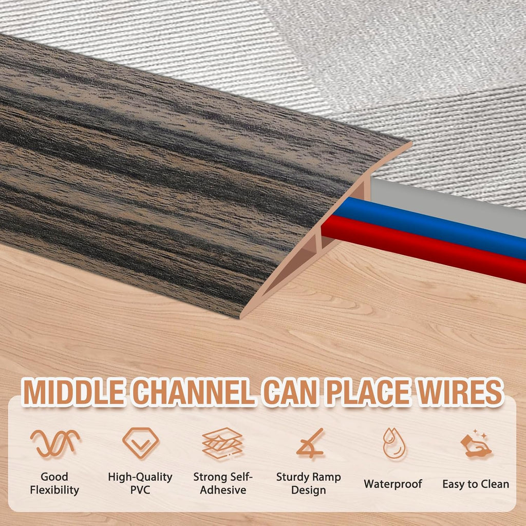 Floor Transition Strip Self Adhesive Vinyl Door Threshold for Doorways Carpet Edging Trim Overlap Edge Reducer for Laminate Floor, Carpet, Tile (Smoked Brown Wood Grain, 1/5" to 2/5", 6.6Ft)