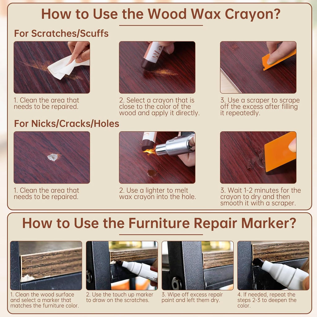 A-HEYIDA Wood Filler Sticks -16 Colors Wax Crayons for Furniture Scratch & 8 Colors Wood Touch-up Markers for Repair Any Scratches, Scuffs, Cracks and Nail Holes on Furniture,Floors,Doors,Cabinets