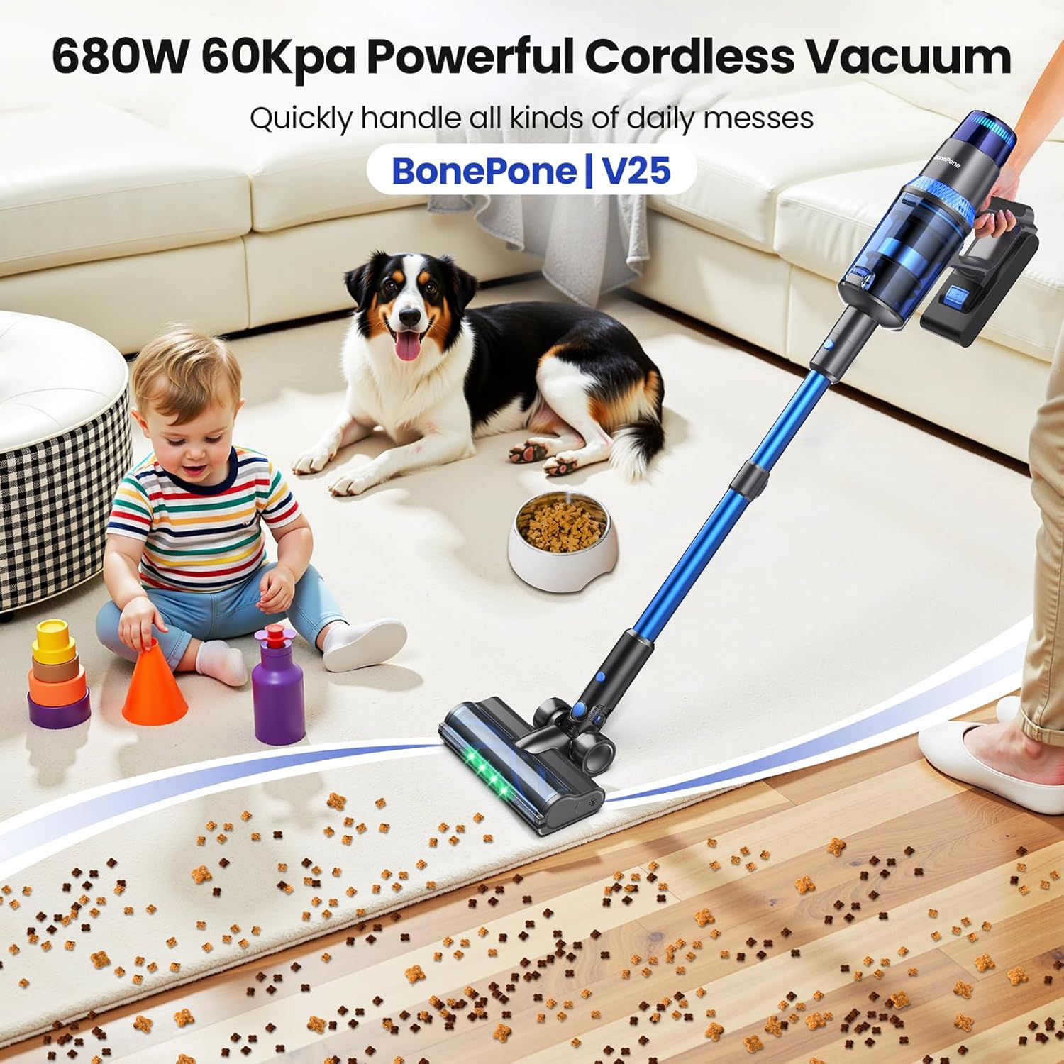 V25 Cordless Vacuum Cleaner, 680W 60Kpa Powerful Stick Vacuum with Dust Sensor, Digital Display, 4000mAh Rechargeable Battery up to 60Mins, Versatile for Pet Hair, Floor, Carpet (Royal)