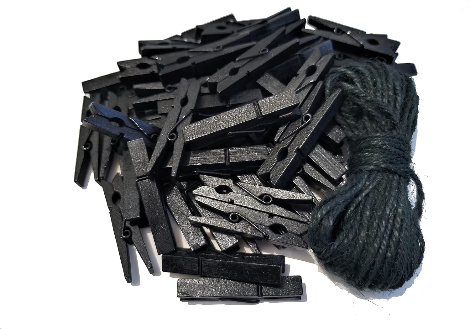 1.9 Inch Black Wooden Clothespins for Pictures Halloween DIY Art Crafts Clothesline Clips Laundry with Jute Twine Pack 50