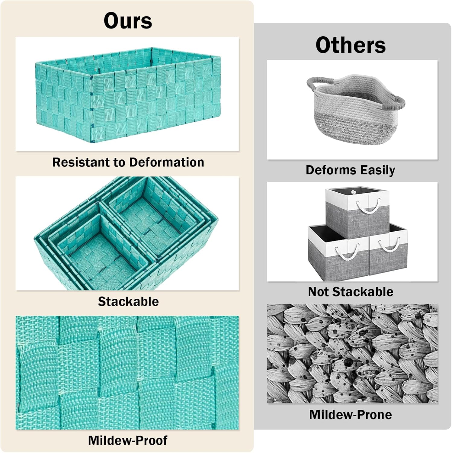 Woven Storage Baskets, Storage Bins, Cube Basket Container Baskets Storage Boxes Organizers for Clothes /Shelves/ Closet, Set of 6 (Aqua)