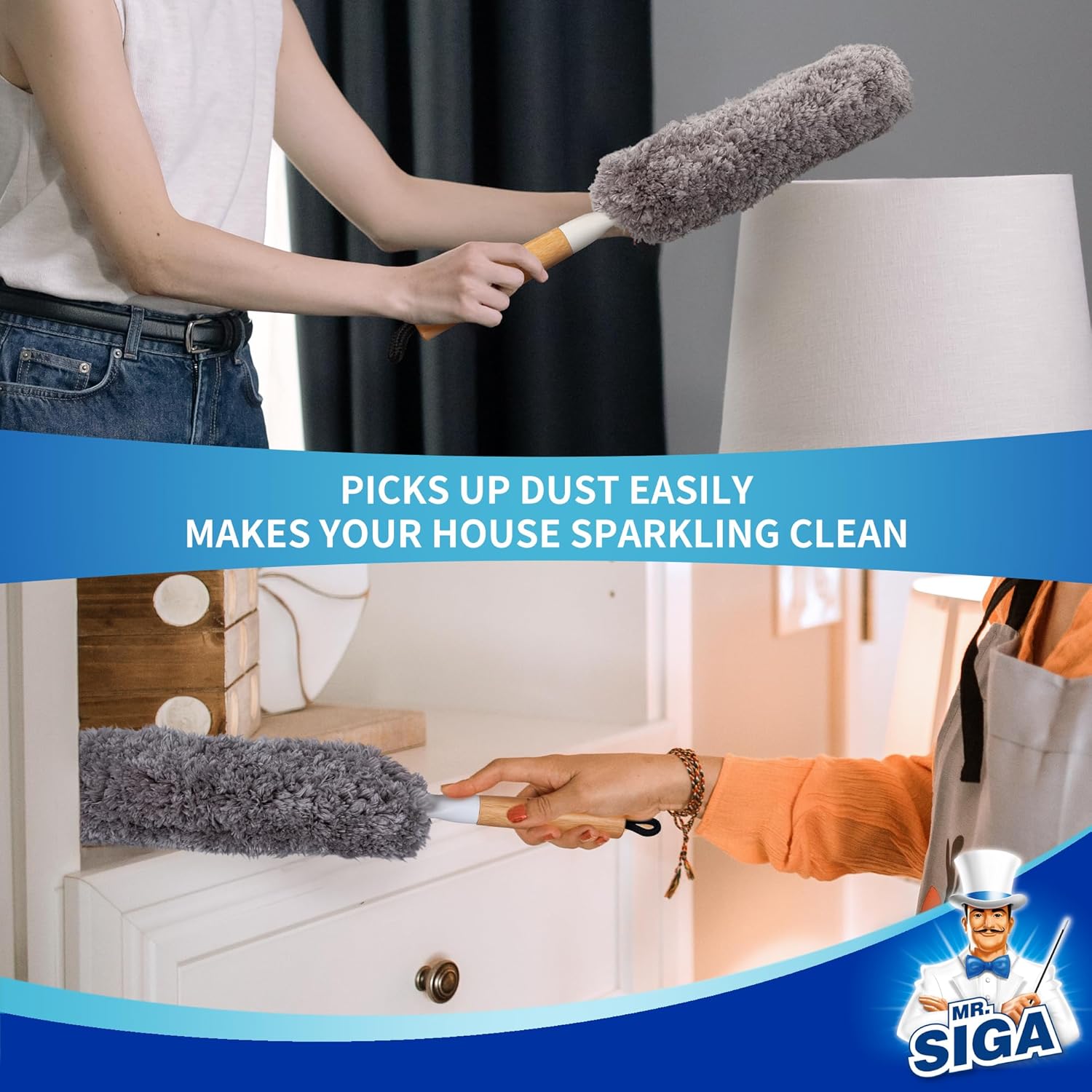 MR.SIGA Lint Free Microfiber Duster, Washable and Reusable Duster with Bamboo Handle and Replaceable Head, Duster for Household Cleaning