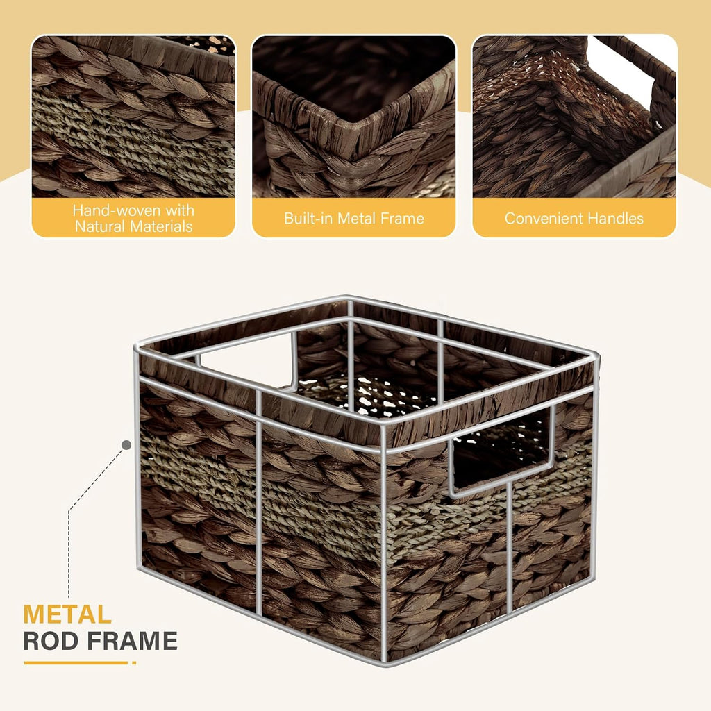 Water Hyacinth Wicker Basket, Decorative Woven Baskets with Built-in Handles, Hand-woven Storage Organizer for Organizing Pantry, Livingroom, Bedroom, Shelves, Toilet(2-PACK, Brown)