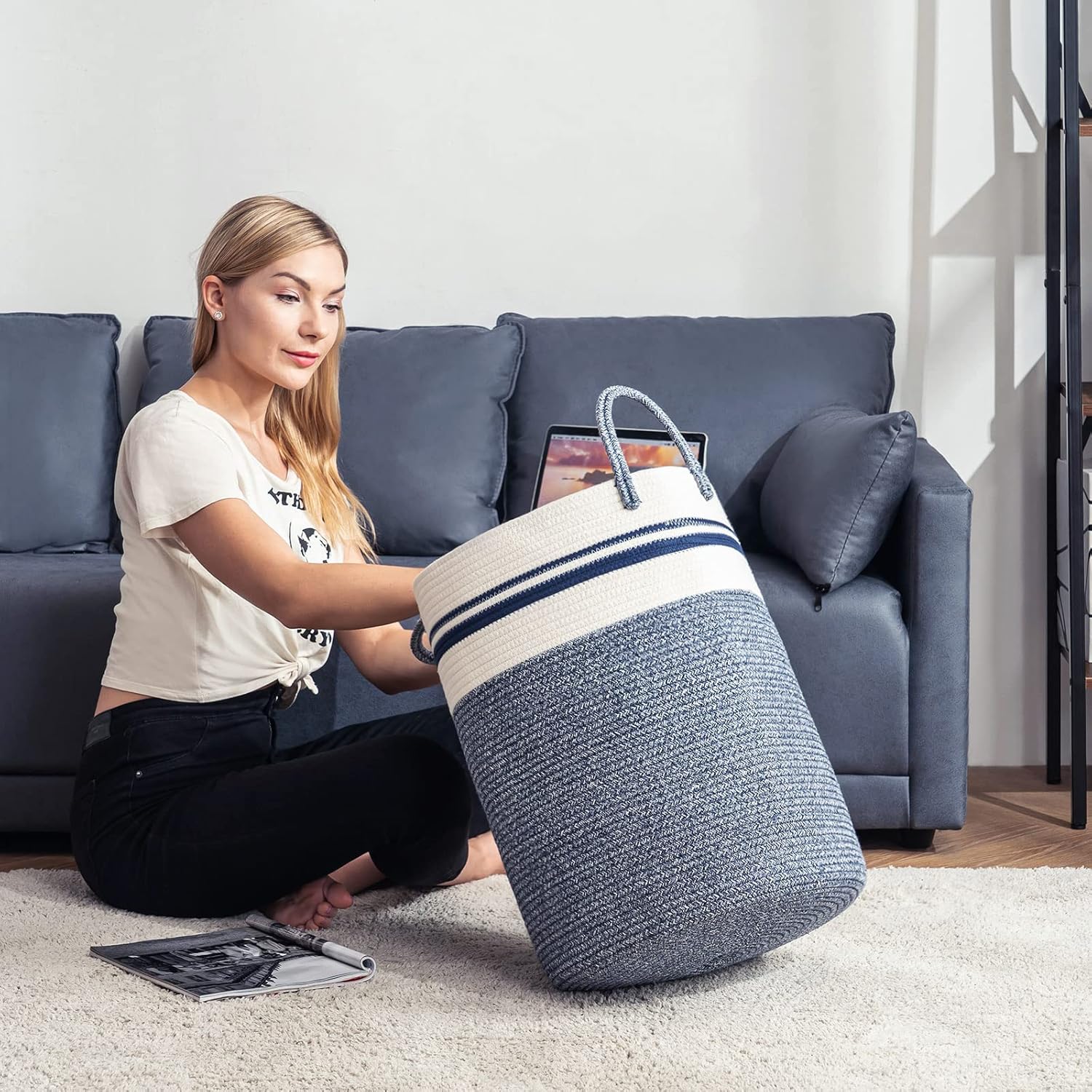 Woven Rope Laundry Hamper Basket by YOUDENOVA, 58L Tall Luandry Basket, Baby Nursery Hamper for Blanket Storage in Bedroom-Large-Blue