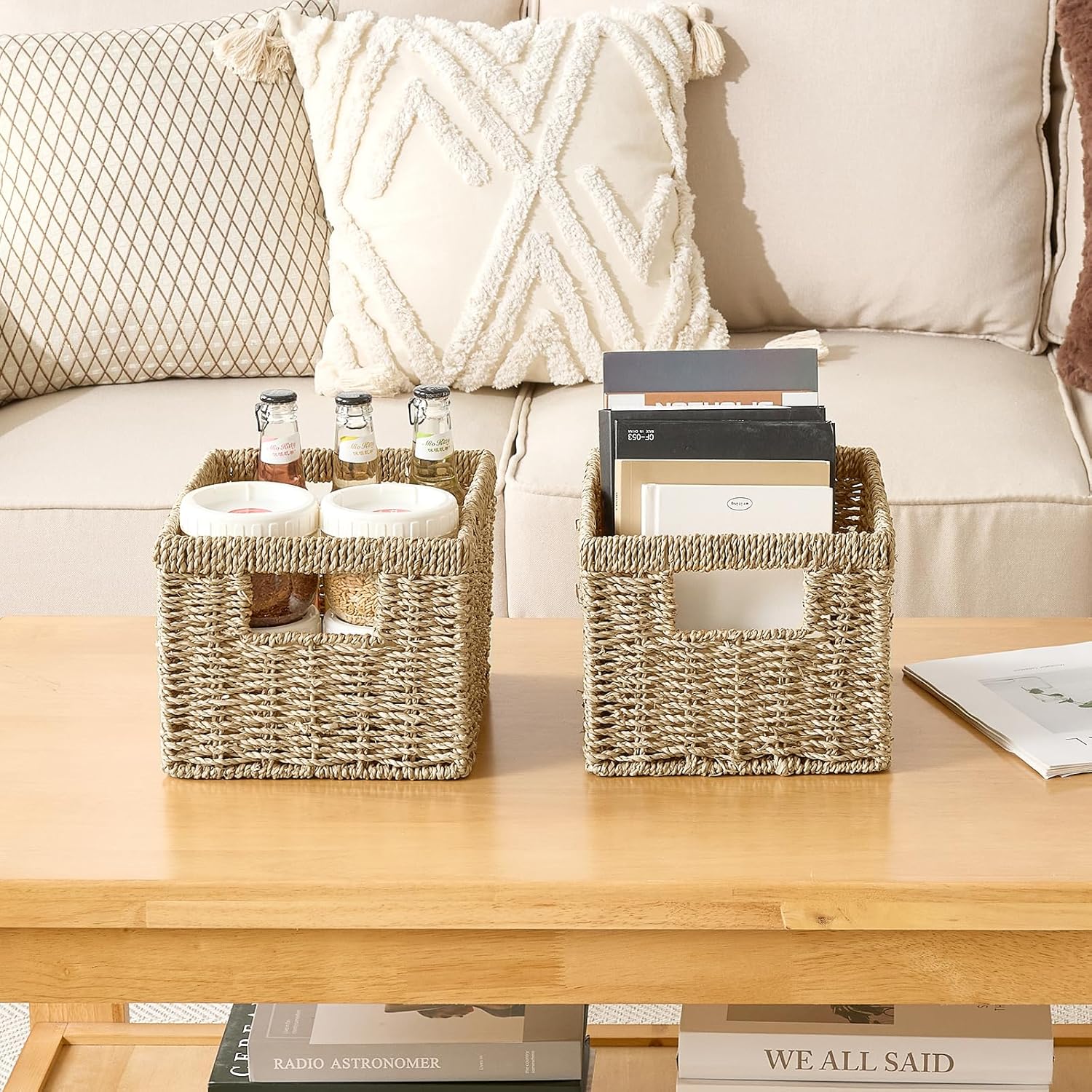 Seagrass Wicker Basket, Decorative Woven Baskets with Built-in Handles, Hand-woven Storage Organizer for Organizing Pantry, Shelves, Laundry, Livingroom, Bedroom, Toilet(2-PACK, Natural)