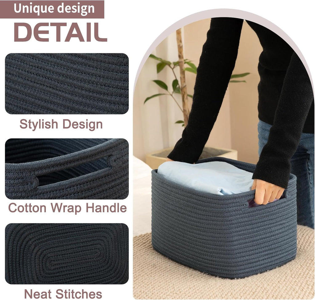 OIAHOMY 4 Pack Storage Baskets for Organizing, Cube Storage Bins for Shelves, Rectangle Storage Baskets With Handles, Woven Baskets for Storage, 12.7''Lx9''Wx7.8''H, Blue