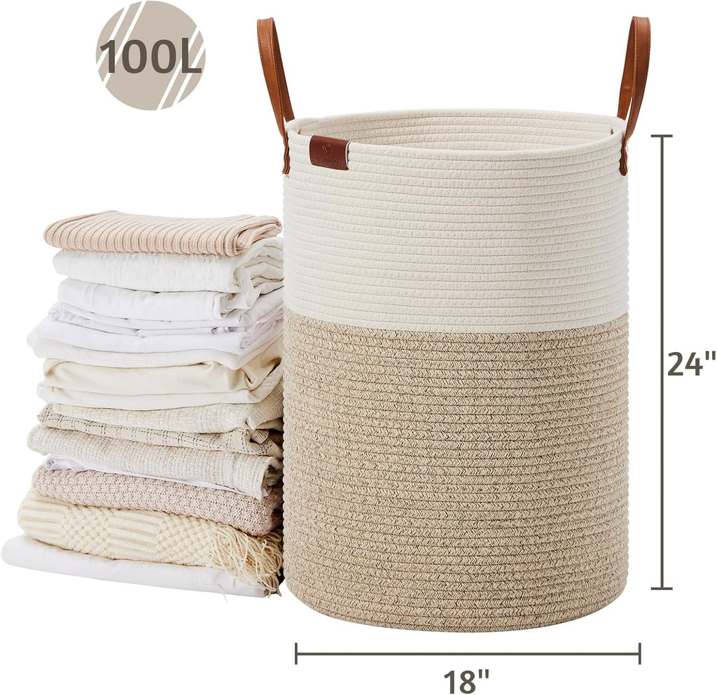 VIPOSCO Tall Laundry Basket, Large Dirty Clothes Hamper with Leather Handle, Woven Rope Storage Basket for Blanket, Toy In Living Room, Bathroom, Bedroom - 100L White & Brown
