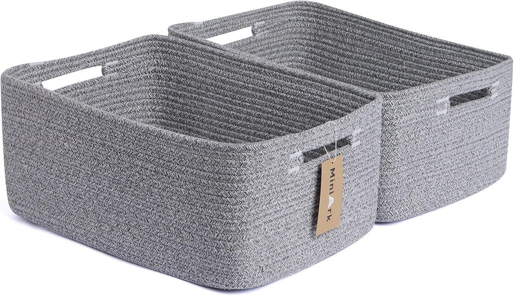 Large Storage Baskets for Shelves, Closet Organizers Bins for Clothes Blanket Towels, Baby Nursery, Toy Baskets Box, Woven Rope Baskets, 17 x 13 x 7.5”, 2 Packs Mixed Grey