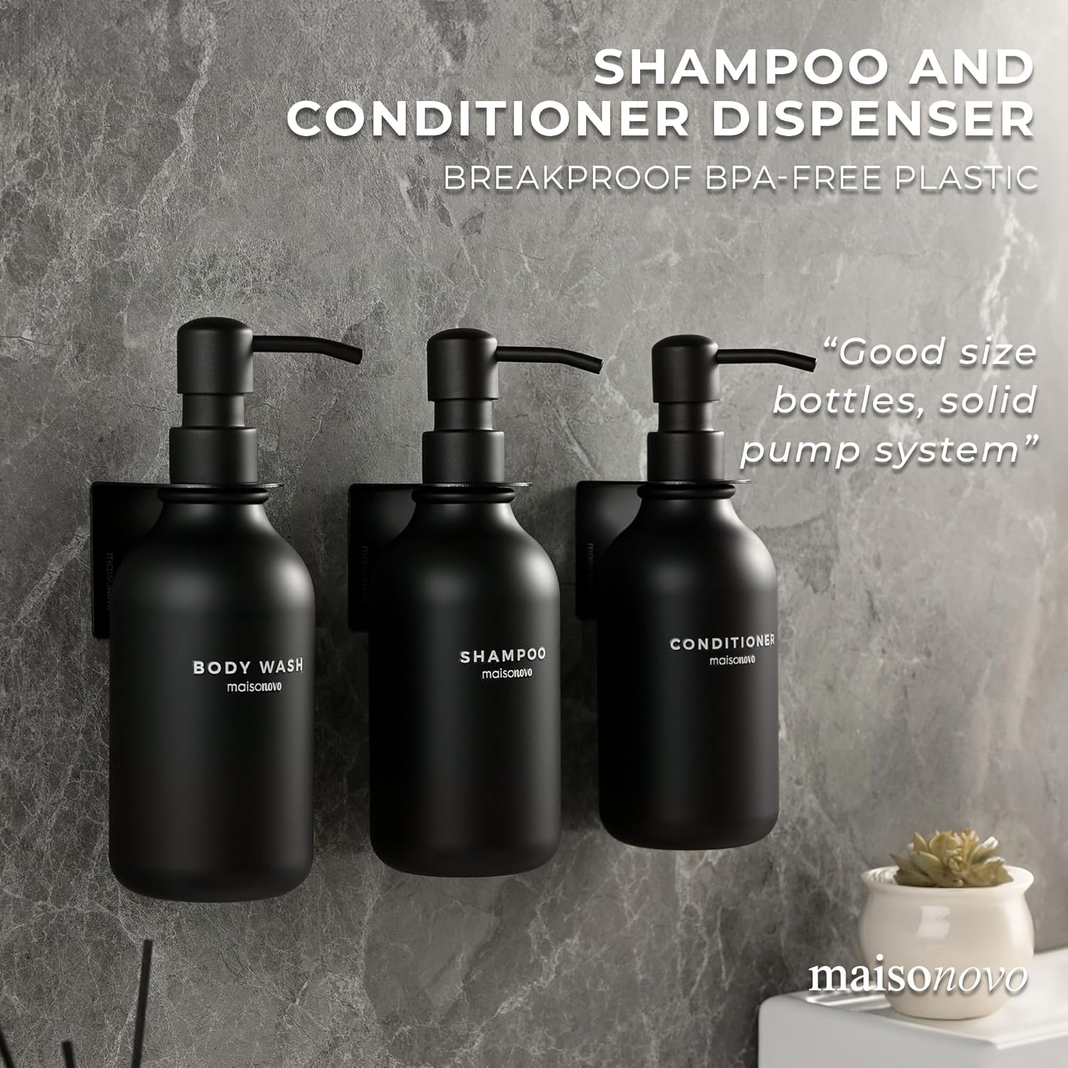 MaisoNovo Shampoo and Conditioner Dispenser - Shower Soap Dispenser Wall Mounted - 16.9 fl oz Set of 3 Black Plastic Bottles Black Pump - Shampoo Dispenser, Shower Dispenser