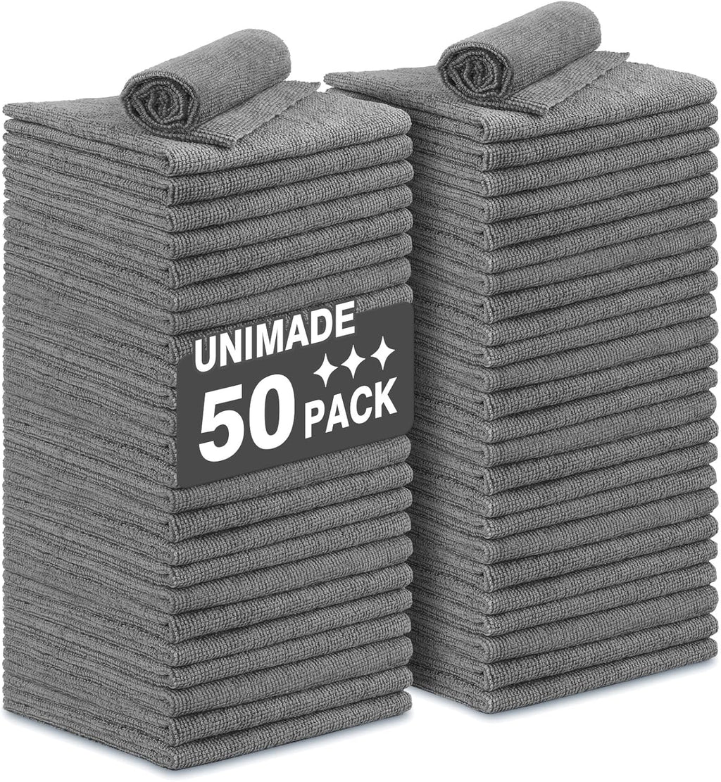 Microfiber Cleaning Cloth, 50 Pack Microfiber Towels for Cars Reusable Shop Rags Bulk Lint Free Cleaning Towels for Car Kitchen Automotive Bar Mechanic Restaurant Garage, 11.5"x 11.5", Grey