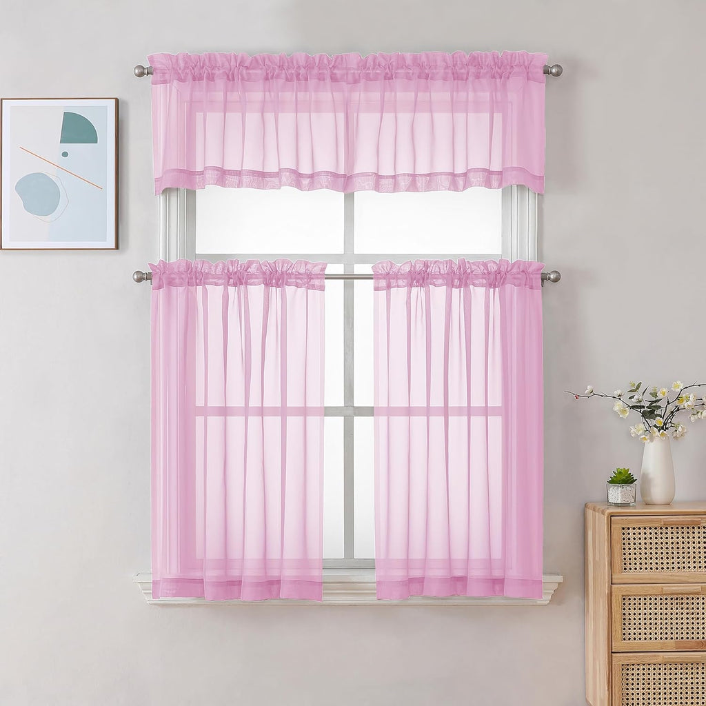 Chyhomenyc Pink Sheer Curtains 30 inch Length 2 Panels, Light Filtering Voile Rod Pocket Short Window Curtians for Bathroom Living Room Farmhouse Small Windows, 42Wx30L inches