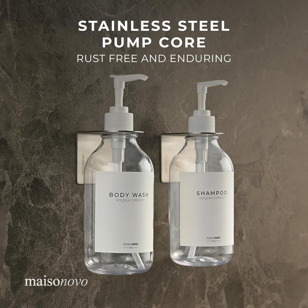 MaisoNovo Shampoo and Conditioner Dispenser - Shower Soap Dispenser Wall Mounted - 16.9 fl oz Set of 2 Clear Plastic Bottles White Pump - Shampoo Dispenser, Shower Dispenser 2 Chamber No Drill