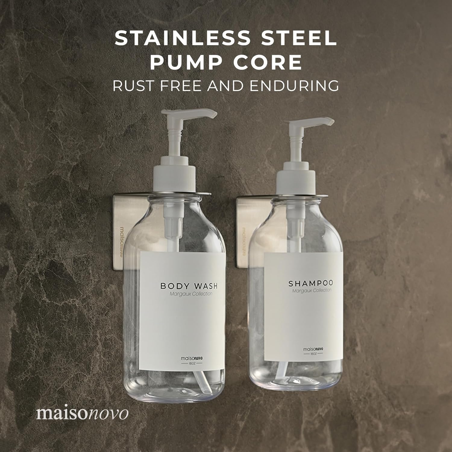 MaisoNovo Shampoo and Conditioner Dispenser - Shower Soap Dispenser Wall Mounted - 16.9 fl oz Set of 2 Clear Plastic Bottles White Pump - Shampoo Dispenser, Shower Dispenser 2 Chamber No Drill