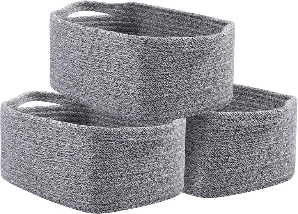 OIAHOMY Cotton Rope Baskets, Woven Baskets for Storage, Nursery Storage Baskets, Rectangle Storage Basket with Handles, Storage Baskets for Shelves, Pack of 3, Gray Variegated