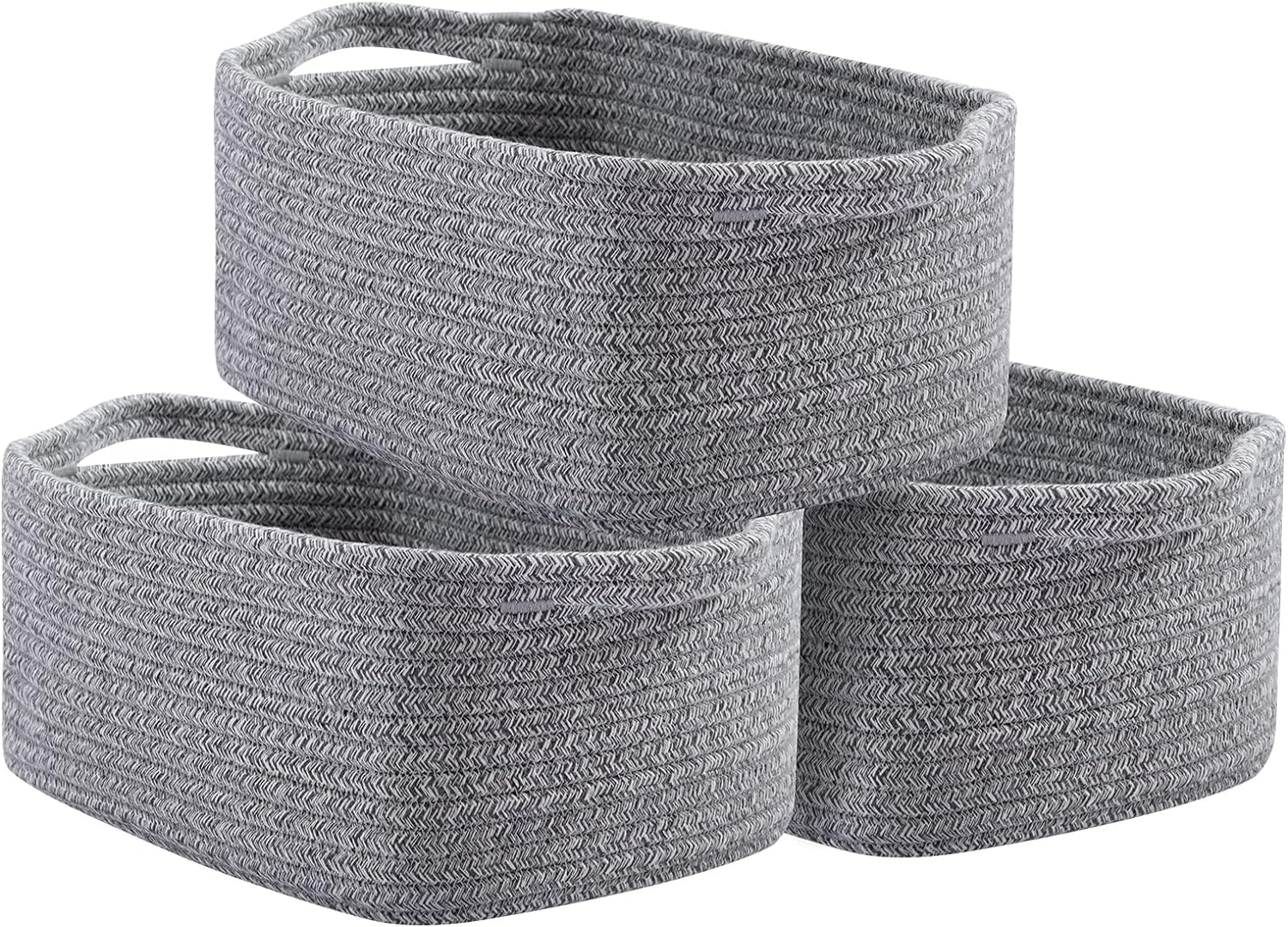 OIAHOMY Cotton Rope Baskets, Woven Baskets for Storage, Nursery Storage Baskets, Rectangle Storage Basket with Handles, Storage Baskets for Shelves, Pack of 3, Gray Variegated