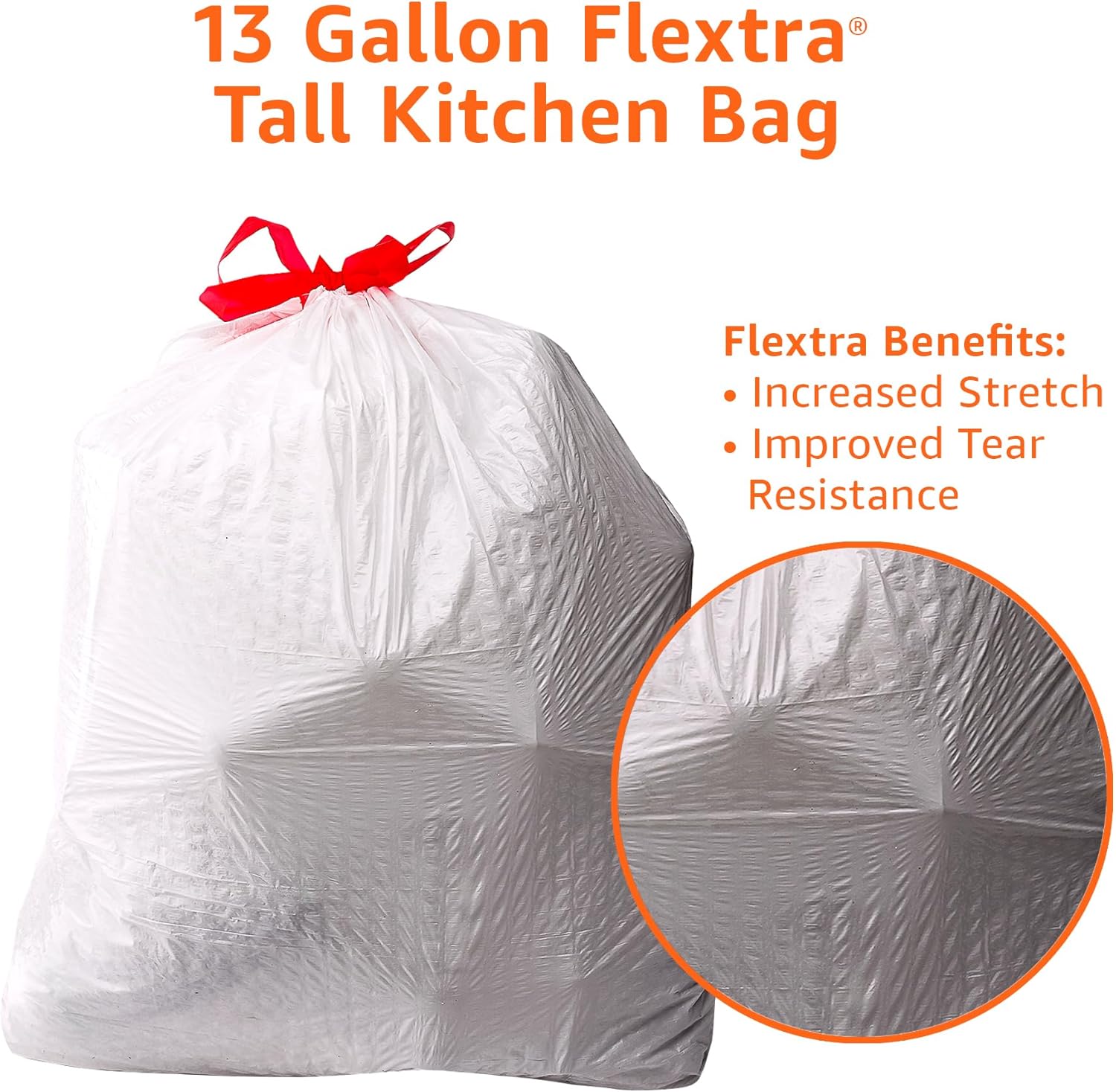 Amazon Basics Flextra Tall Kitchen Drawstring Trash Bags, 13 Gallon, 90 Count