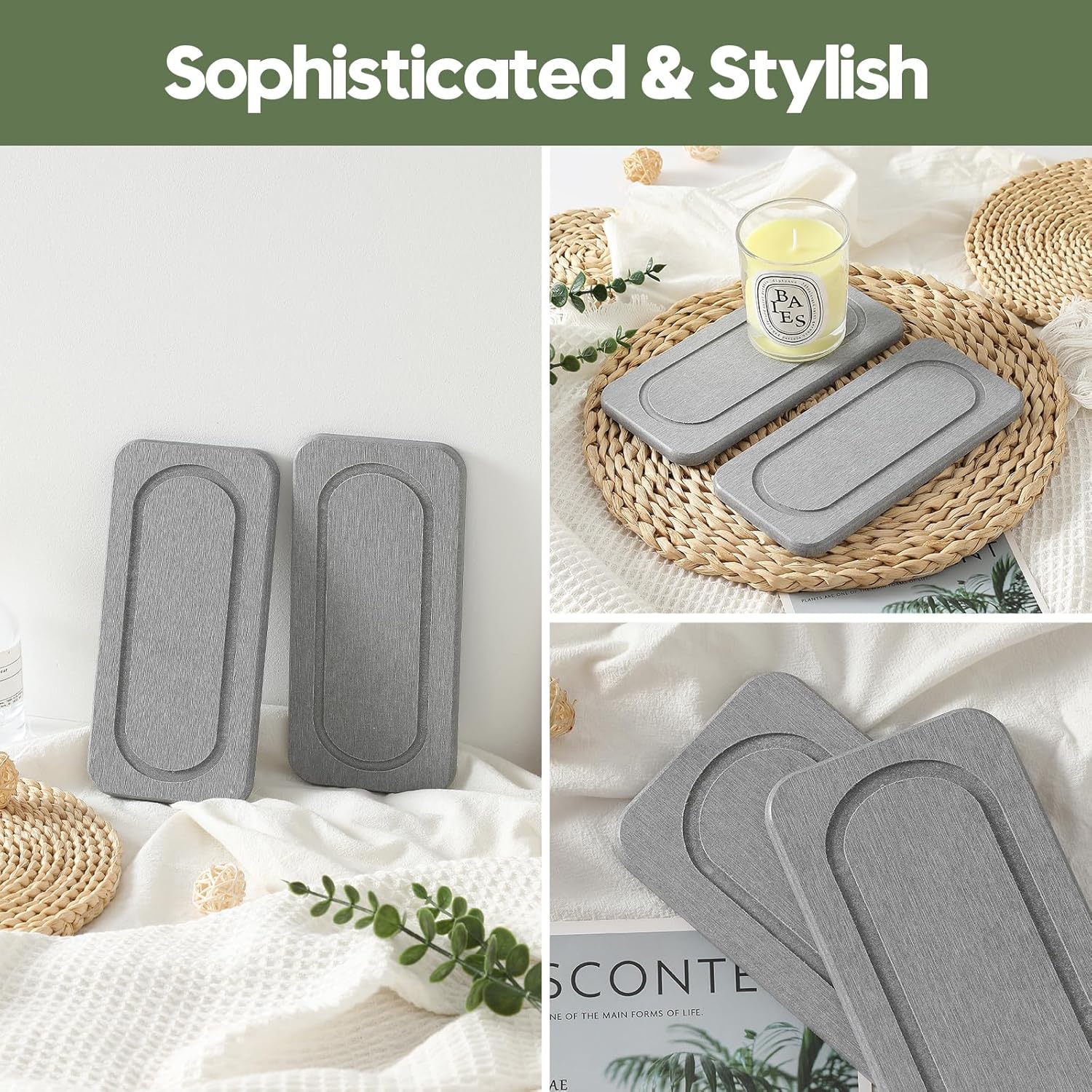 2Pack Diatomite Stone Water Absorbing Sink Tray for Kitchen & Bathroom Counter, Quick Dry Soap Dish Makeup Vanity Caddy, Dispenser Sponge Holder Space Organizer, Light Gray - 8"x 3.8"