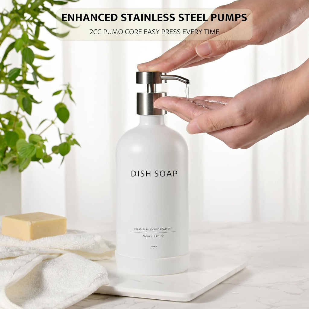 Glass Soap Dispenser Set by Janxin,Bathroom Soap Dispenser Set with Ceramic Tray,Luxury Bathroom Accessories,Modern Kitchen Decor (White+Silver(Dish Soap))