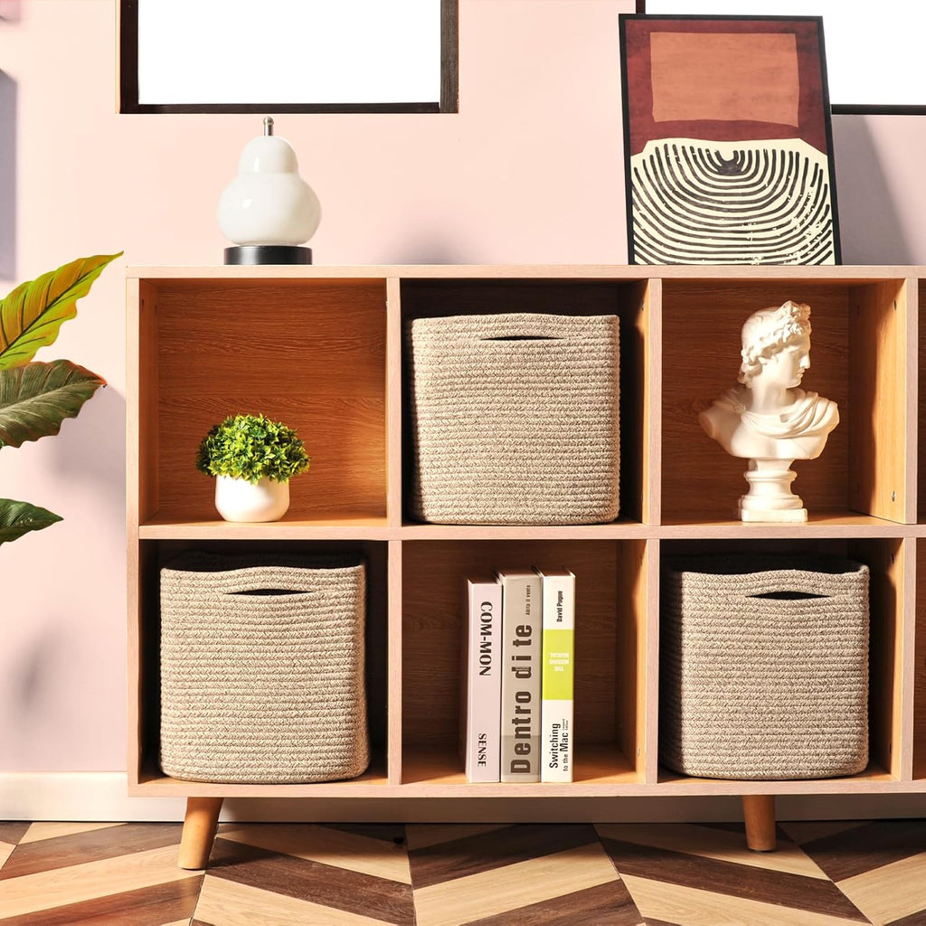 11 Inch Cube Storage Bins, Storage Cube Organizer Bins, Woven Cotton Rope Baskets for Storage, Storage Basket for Organizing Shelves, Square Baskets for Toys Nursery, Brown (Pack of 3)