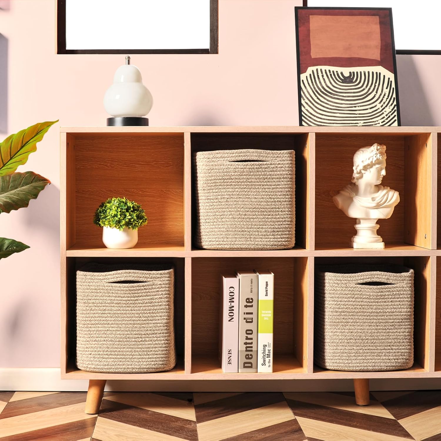 11 Inch Cube Storage Bins, Storage Cube Organizer Bins, Woven Cotton Rope Baskets for Storage, Storage Basket for Organizing Shelves, Square Baskets for Toys Nursery, Brown (Pack of 3)