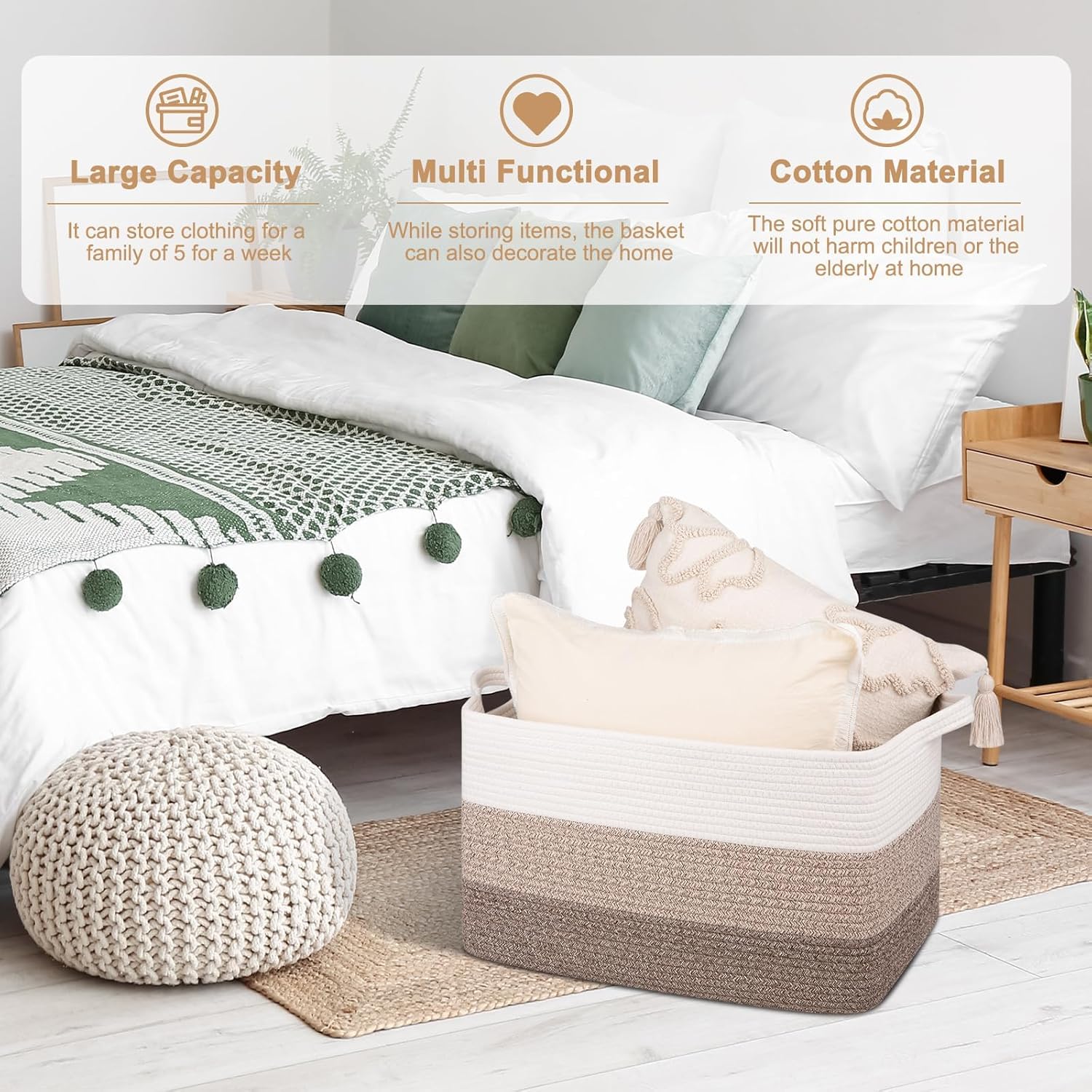 OIAHOMY Rectangle Woven Storage Basket - Nursery Cotton Rope Baskets for Storage, Toy Basket Organizing for Living Room, 17.7"x13.8"x11"- Pack of 3 - Gradient Yellow