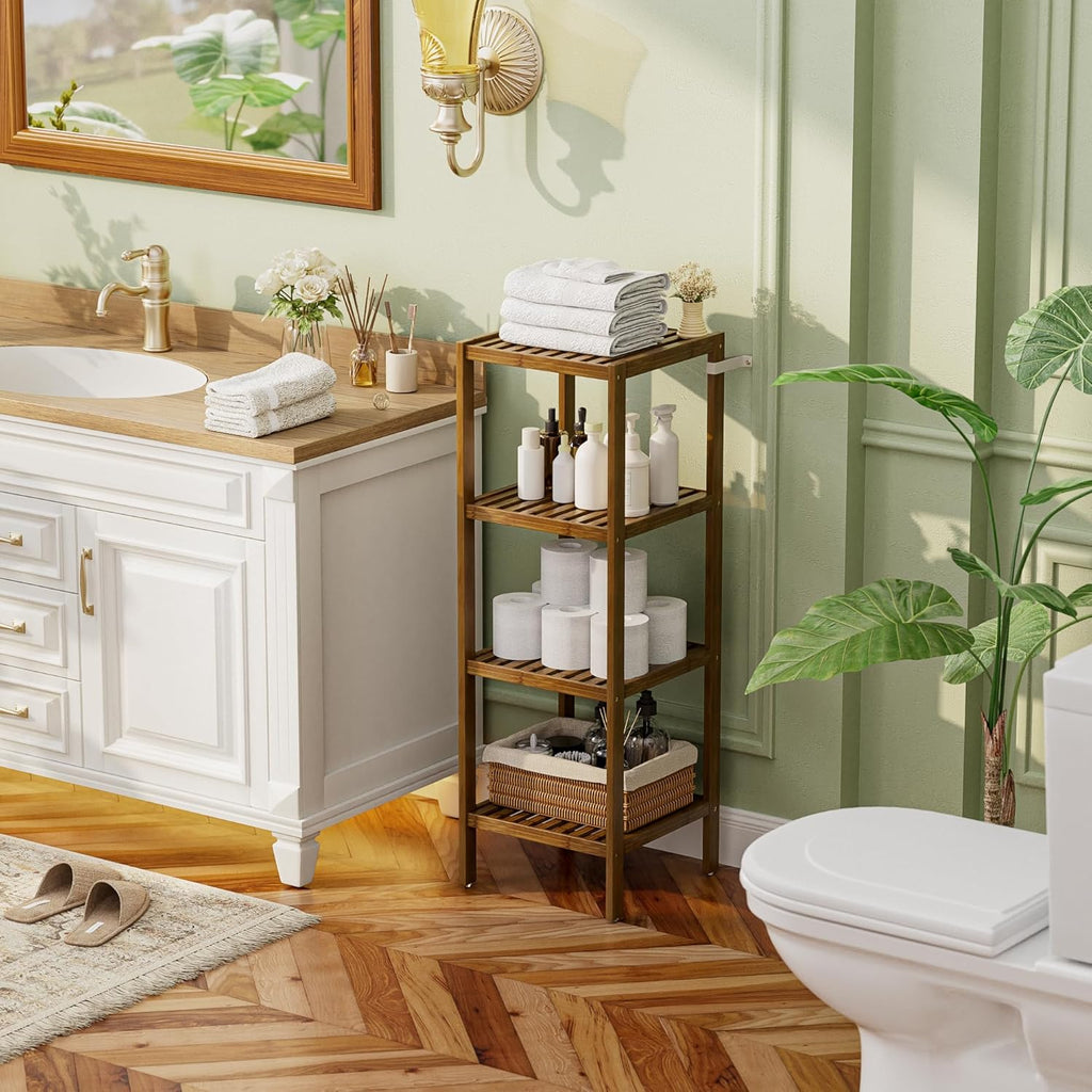 SMIBUY Bathroom Storage Shelf, 4-Tier Bamboo Rack Organizer, Multifunctional Shelving Unit for Living Room Bedroom Kitchen (Walnut)