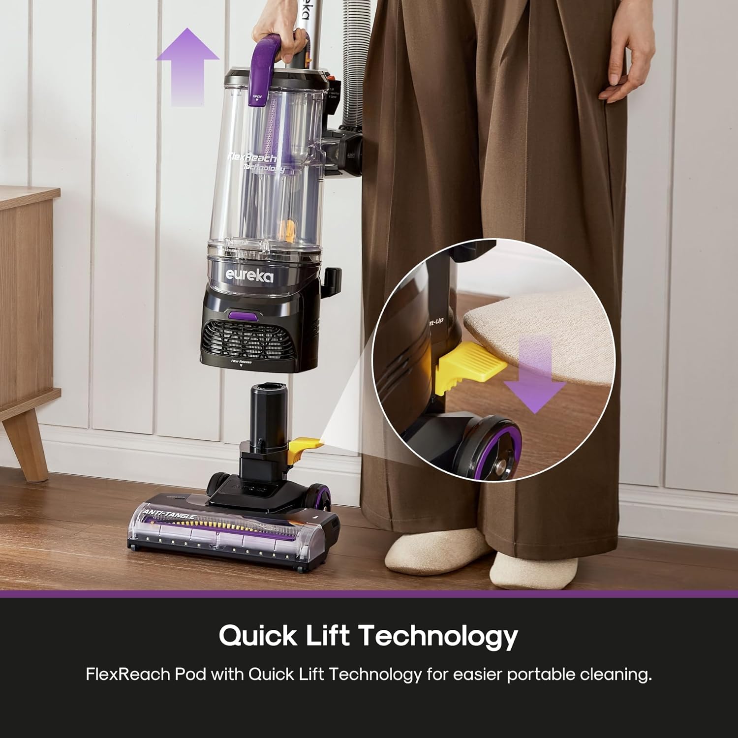 Eureka FlexReach Powerful Upright Vacuum Cleaner for Carpet and Hard Floor, Lift-Up Vacuum with Large Dust Cup, Anti-Tangle, NEU651PL, Purple