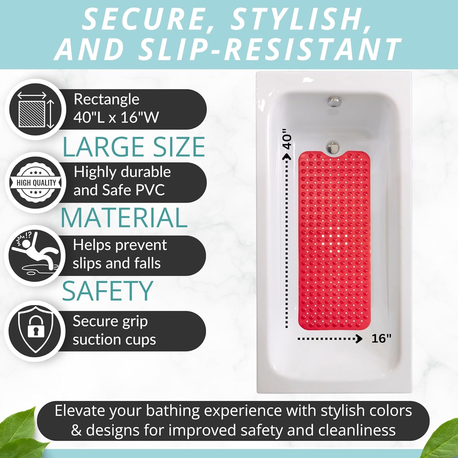 ENKOSI Non-Slip Bath Mat – Extra Long 40 x 16 Bathtub Shower Mat – Anti Slip Safe PVC Bathroom Tub Mat with Suction Cups & Drain Holes for Safety and Decor (40x16 Red)