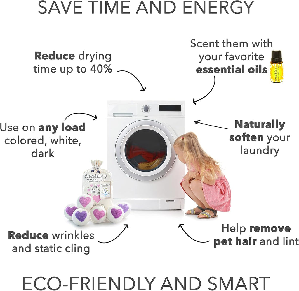 Friendsheep Organic Wool Dryer Balls Pink Purple Hearts 6 Pack XL Premium Reusable Cruelty Free Handmade Fair Trade No Lint Fabric Softener - Lovely Day