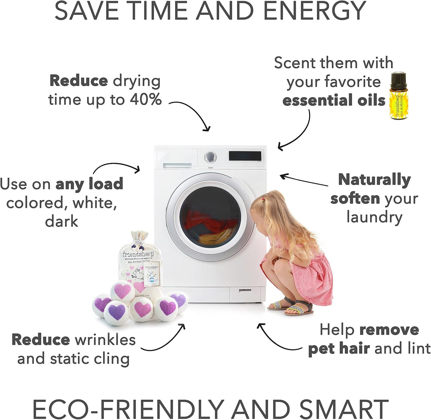 Friendsheep Organic Wool Dryer Balls Pink Purple Hearts 6 Pack XL Premium Reusable Cruelty Free Handmade Fair Trade No Lint Fabric Softener - Lovely Day