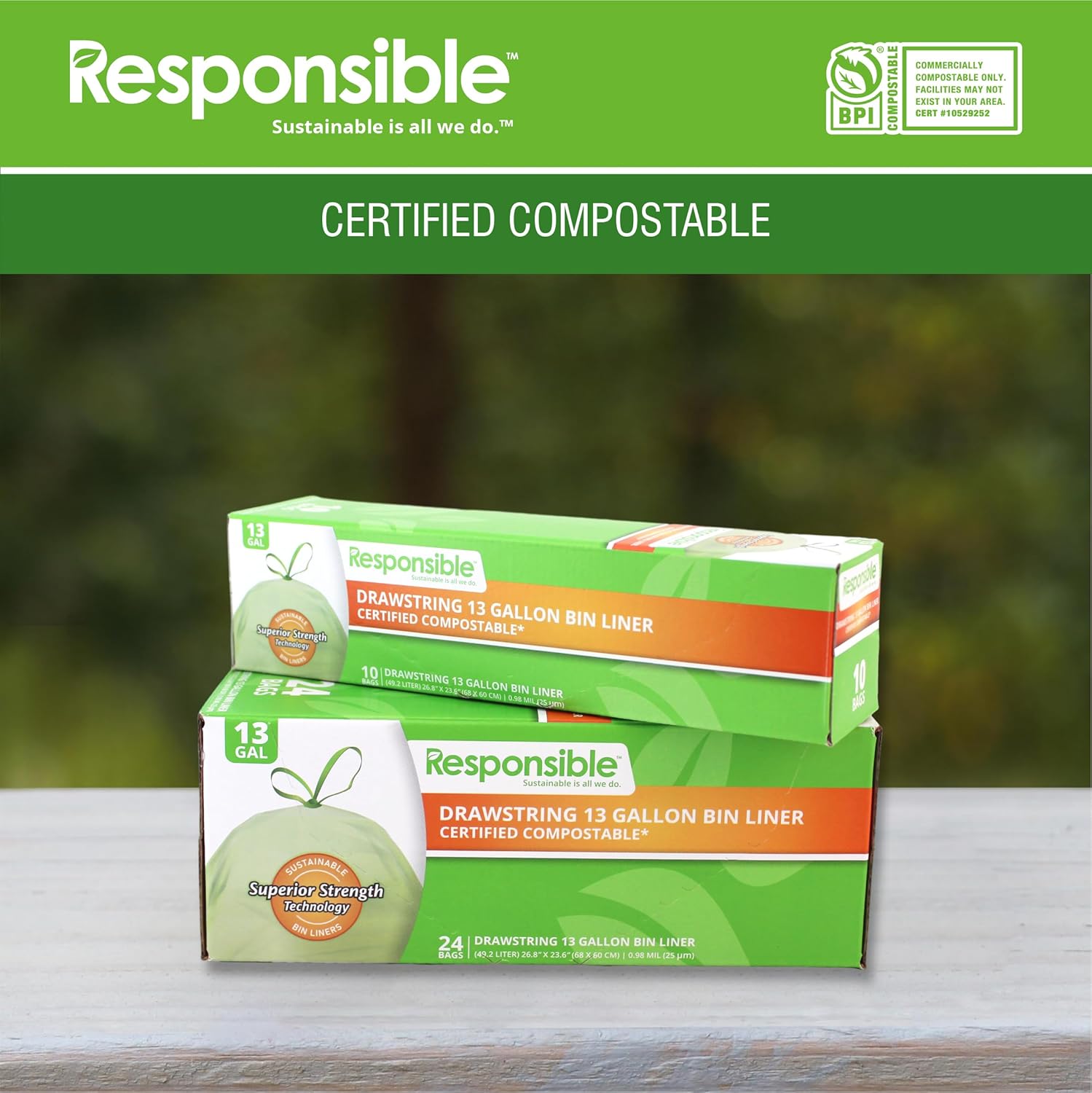 Responsible Products Kitchen Bin Liners, Certified Compostable, Heavy Duty Multipurpose Food Scrap Bags, Made from Compostable Materials (13 Gallon Drawstring, 13 Gallon (24 Count))