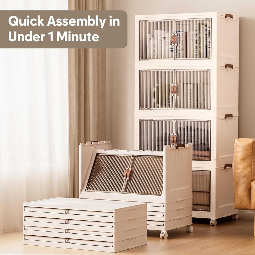 Jalove 88QT Plastic Storage Bins with lids, Stackable Collapsible Storage Containers with Wheels, Closet Organizer and Storage Drawers, Clothes Storage Cabinet for Home Office Garage, 4 Pack White