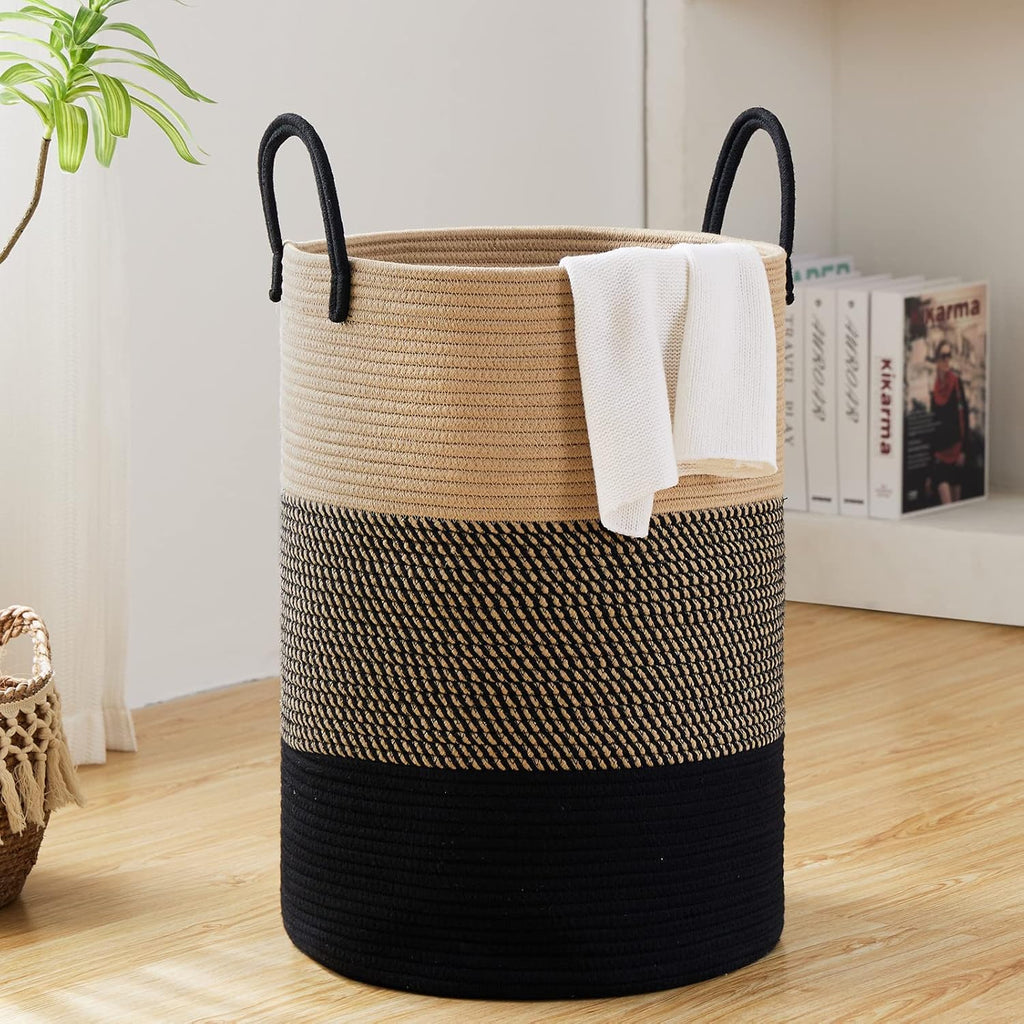 Fiona's magic 100L Extra Large Laundry Hamper Basket, 26.4Gal Tall Woven Laundry Basket Storage, Baby Nursery Hamper for Blankets, Clothes Hamper for Bedroom and Living Room Organizing, Brown & Black