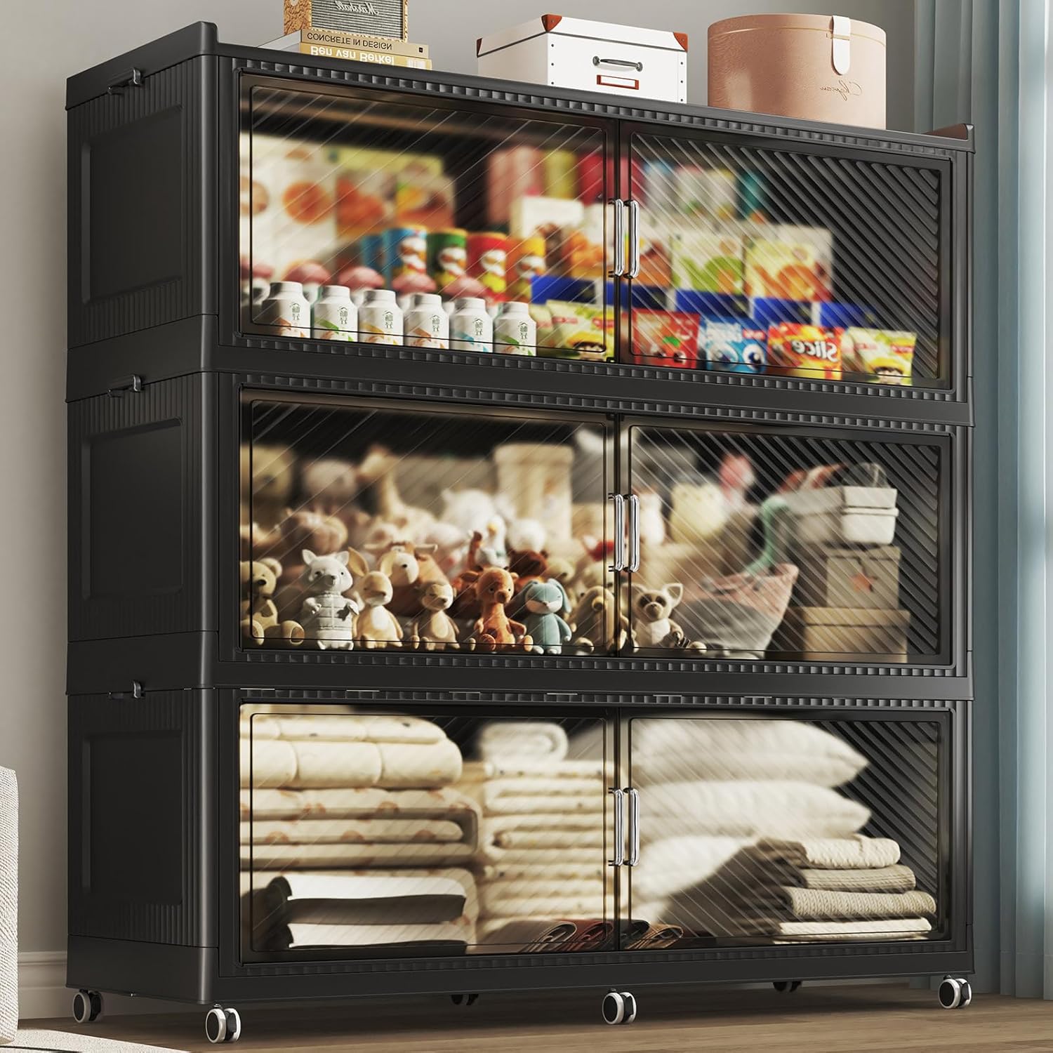 240GAL Extra Large Storage Bins with Lid, 960QT Collapsible Organizer with Wheels, Stackable Closet Cabinet with Doors, Folding Storage Containers for Home, Office, Dorm, 3Pack Black