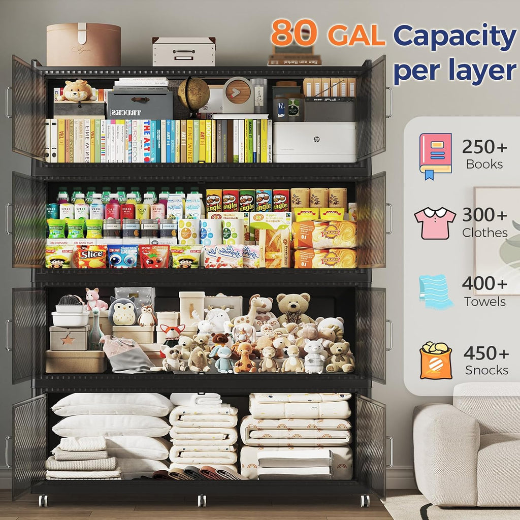 320GAL Extra Large Storage Bins with Lid, 1280QT Collapsible Organizer with Wheels, Stackable Closet Cabinet with Doors, Folding Storage Containers for Home, Office, Dorm, 4Pack Black