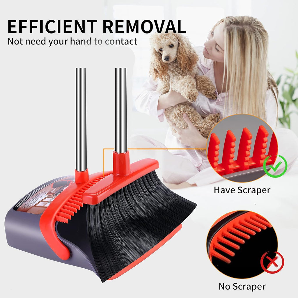 Broom with Dustpan Combo Set Broom and Dustpan Set Dust Pan with Stainless Steel Long Handle, Brooms with 5-Layer Soft Bristles for Sweeping Office Kitchen Home Pet Hair Lobby