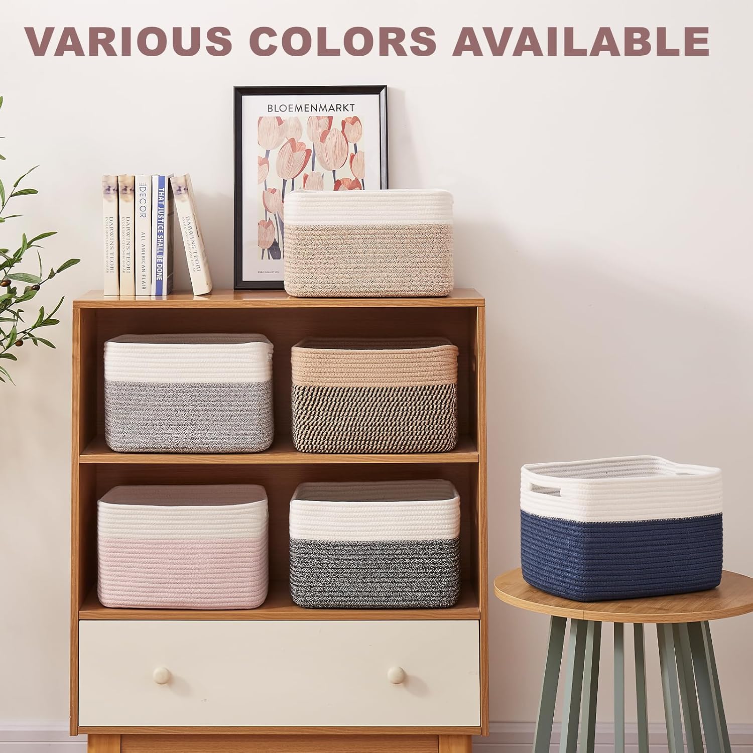 OIAHOMY 4 Pack Storage Baskets for Organizing, Basket for Shelves with Handle, Woven Baskets for Storage Toys, Towels, Books, Cotton Rope Basket 13" L x 9 " W x 7.8 " H, Blue & White