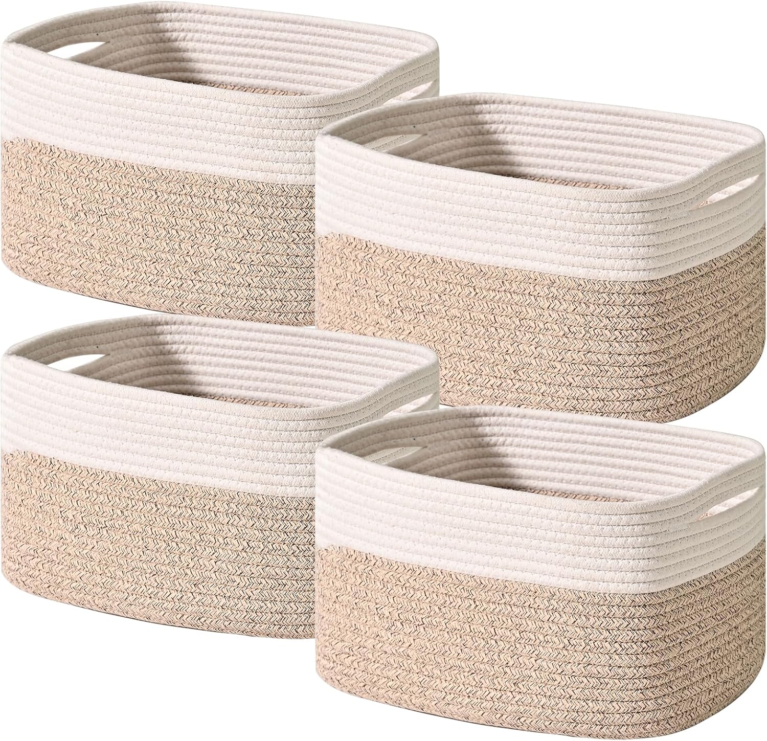 Storage Baskets for Shelves, Woven Storage Basket, Bins for Cube Storage, Cotton Rope Basket with Handles for Toy, Book, and Clothes Living Room, (4 Packs) Off White & Brown