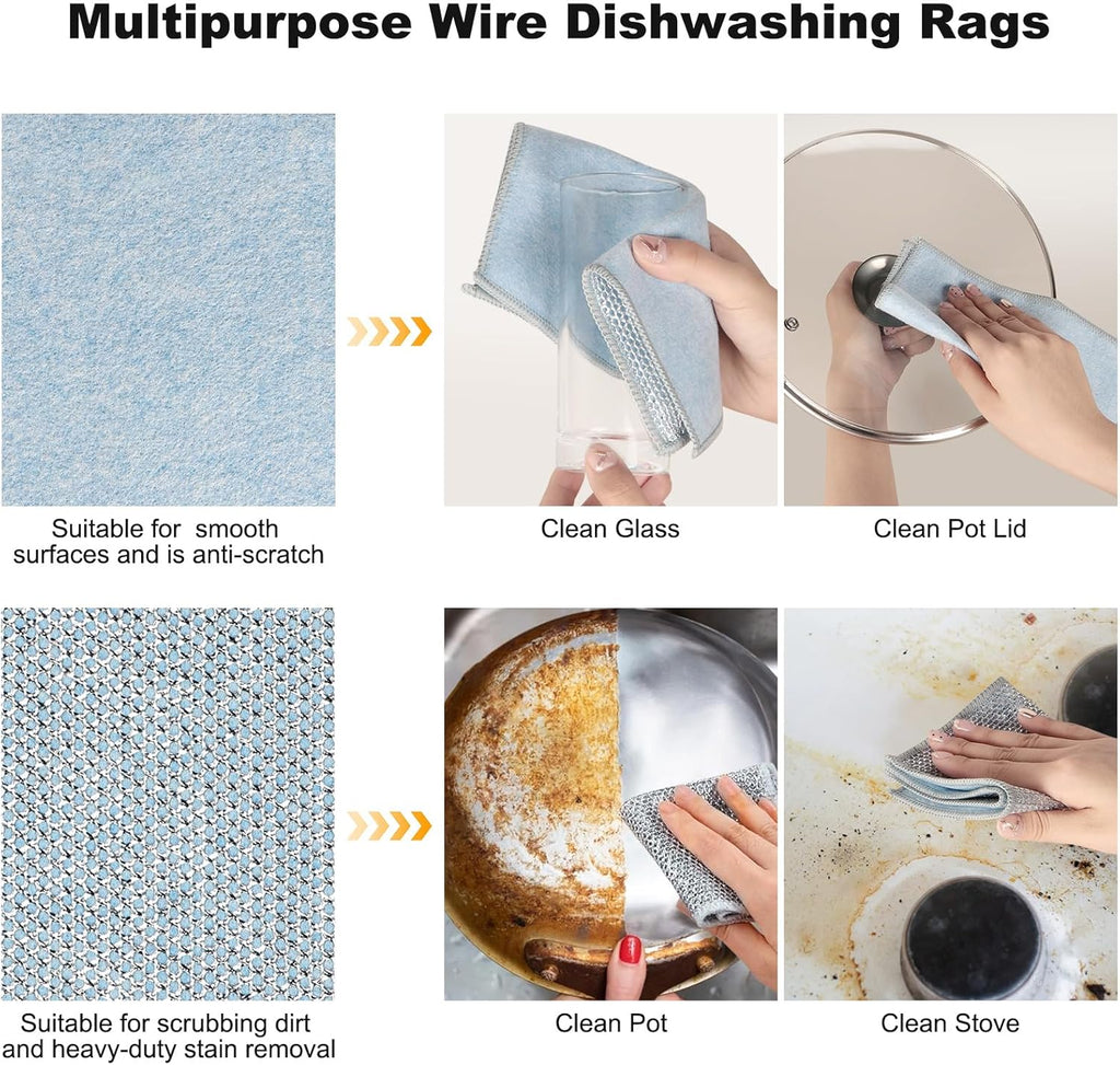 10pcs Non Scratch Wire Dishcloth Multipurpose Wire Dishwashing Rag for Wet and Dry,Metal Scrubbers for Cleaning Dishes,Dual-Sided Kitchen Cleaning Cloth with Mesh,Cleaning Tool for Pot, Blue