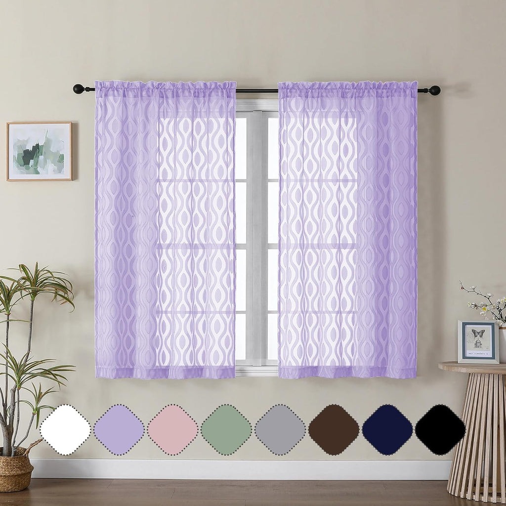Aiyufeng Sheer Curtains 45 Inch Length 2 Panels, Farmhouse Soft Airy Lightweight Clip Jacquard Textured Curtains, Chic Wavy Line Window Curtains for Bedroom Living Room, Light Purple, 40Wx45L Inches